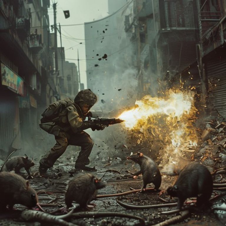 Trash Boy unleashing a flamethrower on giant rats in Squalor City
